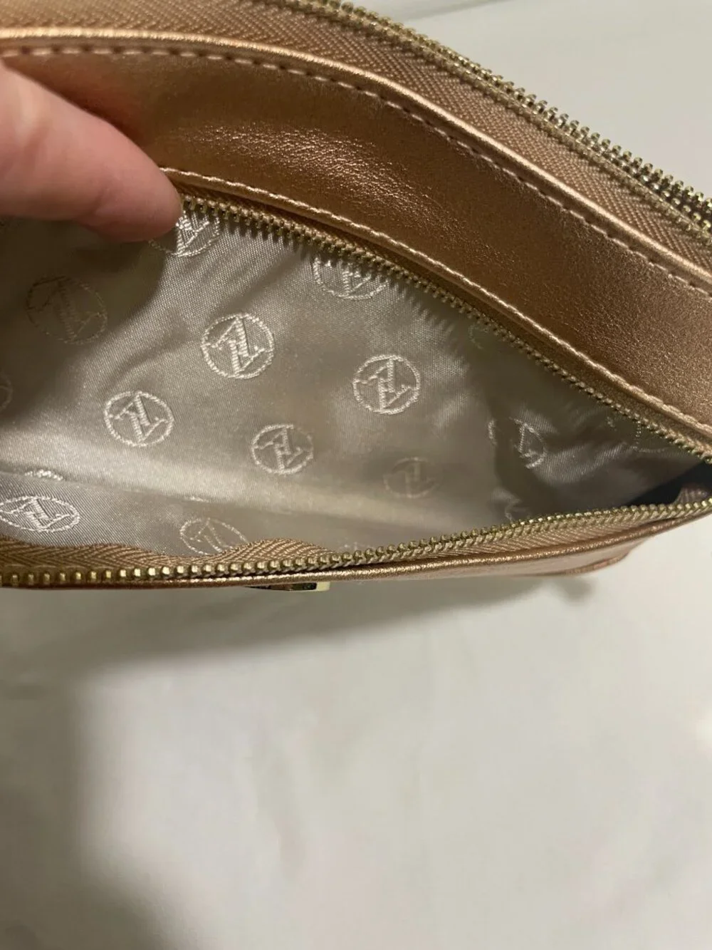Adrienne Vittadini Rose Gold Metallic Wristlet Wallet Clutch Double Zip Pouch